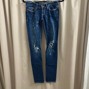 BKE Women's Dark Blue Distressed Skinny Jeans